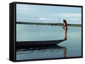 Indian Fishing with Bow and Arrow, Xingu, Amazon Region, Brazil, South America-Claire Leimbach-Framed Stretched Canvas