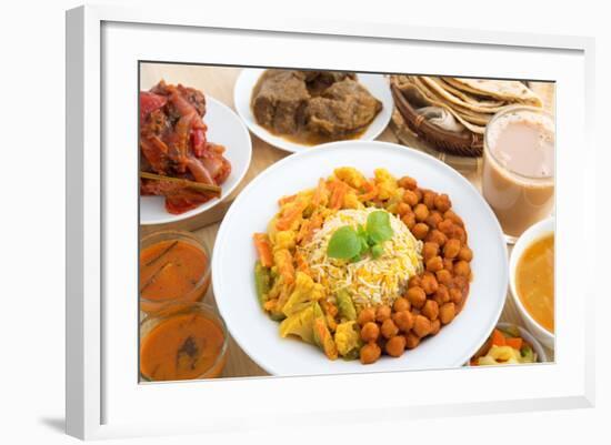 Indian Food Biryani Rice, Mutton Curry, Chapatti, Milk Tea, Dal, Salad and Curry Chicken. Indian Di-szefei-Framed Photographic Print