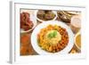 Indian Food Biryani Rice, Mutton Curry, Chapatti, Milk Tea, Dal, Salad and Curry Chicken. Indian Di-szefei-Framed Photographic Print