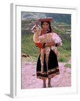 Indian Girl with Llama, Cusco, Peru-Pete Oxford-Framed Premium Photographic Print
