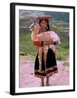 Indian Girl with Llama, Cusco, Peru-Pete Oxford-Framed Premium Photographic Print