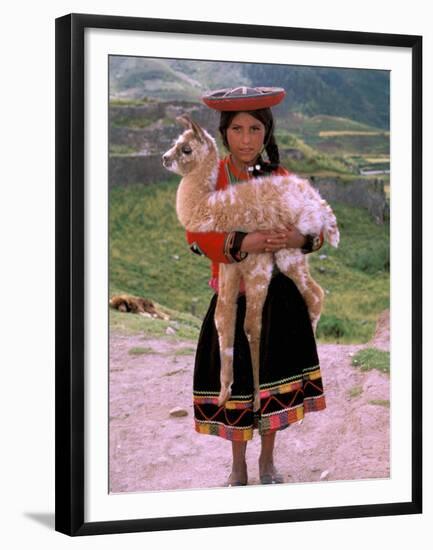 Indian Girl with Llama, Cusco, Peru-Pete Oxford-Framed Premium Photographic Print