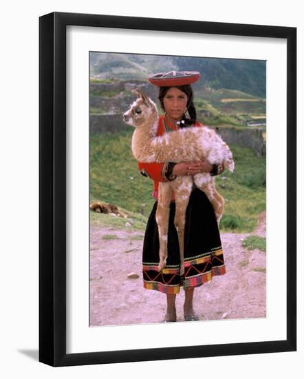 Indian Girl with Llama, Cusco, Peru-Pete Oxford-Framed Photographic Print