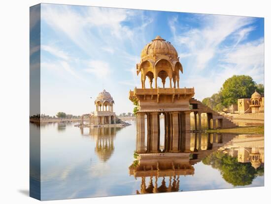 Indian Landmarks - Gadi Sagar Temple on Gadisar Lake - Jaisalmer, Rajasthan-pzAxe-Stretched Canvas