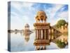 Indian Landmarks - Gadi Sagar Temple on Gadisar Lake - Jaisalmer, Rajasthan-pzAxe-Stretched Canvas