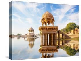 Indian Landmarks - Gadi Sagar Temple on Gadisar Lake - Jaisalmer, Rajasthan-pzAxe-Stretched Canvas