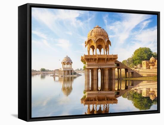 Indian Landmarks - Gadi Sagar Temple on Gadisar Lake - Jaisalmer, Rajasthan-pzAxe-Framed Stretched Canvas