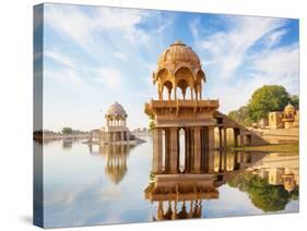 Indian Landmarks - Gadi Sagar Temple on Gadisar Lake - Jaisalmer, Rajasthan-pzAxe-Stretched Canvas