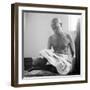 Indian Leader Mohandas Gandhi Reading as He Sits Cross Legged on Floor, at Home-Margaret Bourke-White-Framed Premium Photographic Print