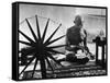 Indian Leader Mohandas Gandhi Reading as He Sits Cross Legged on Floor-Margaret Bourke-White-Framed Stretched Canvas