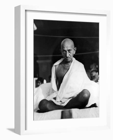 Indian Leader Mohandas Gandhi Sitting Cross Legged at Prayer Meeting-null-Framed Premium Photographic Print