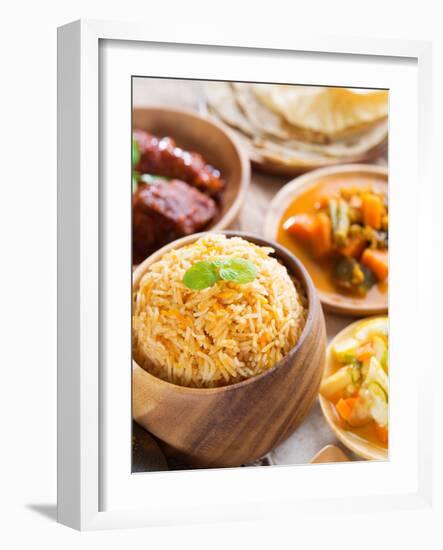 Indian Meal Biryani Rice, Chicken Curry, Acar Vegetable, Roti Chapatti and Papadom.-szefei-Framed Photographic Print
