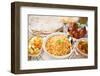 Indian Meal Biryani Rice, Chicken Curry, Masala Milk Tea, Acar Vegetable, Roti Chapatti and Papadom-szefei-Framed Photographic Print