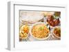 Indian Meal Biryani Rice, Chicken Curry, Masala Milk Tea, Acar Vegetable, Roti Chapatti and Papadom-szefei-Framed Photographic Print