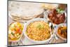 Indian Meal Biryani Rice, Chicken Curry, Masala Milk Tea, Acar Vegetable, Roti Chapatti and Papadom-szefei-Mounted Photographic Print