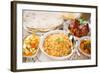 Indian Meal Biryani Rice, Chicken Curry, Masala Milk Tea, Acar Vegetable, Roti Chapatti and Papadom-szefei-Framed Photographic Print