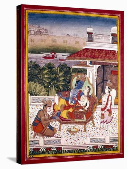 Indian Miniature Showing Krishna and a Princess on a Couch, 18th Century-null-Stretched Canvas