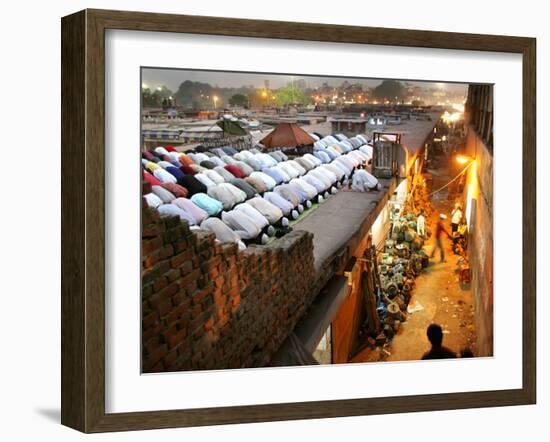 Indian Muslims During Friday Evening Prayers on the Rooftop of a Building over an Auto Parts Market-null-Framed Photographic Print