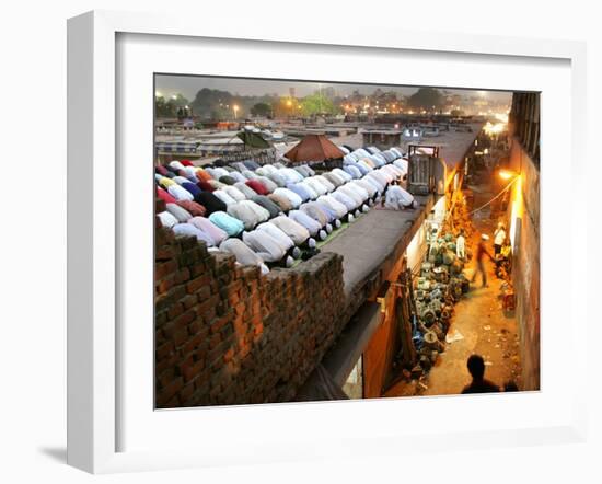 Indian Muslims During Friday Evening Prayers on the Rooftop of a Building over an Auto Parts Market-null-Framed Photographic Print