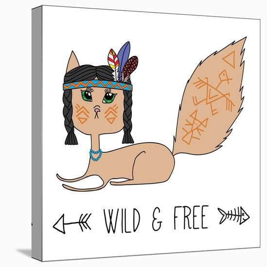 Indian Native American Cat, Sketch Doodle Drawing, Poster, Postcard and T-Shirt Print, Vector Illus-Cat Naya-Stretched Canvas