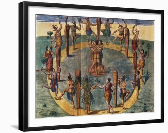 Indian Ritual Dance from the Village of Secoton, Book Illustration, circa 1570-80-John White-Framed Giclee Print