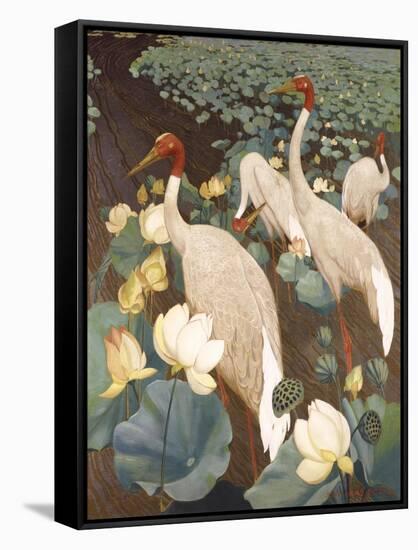 Indian Sarus Cranes on Gold Leaf-Jesse Arms Botke-Framed Stretched Canvas