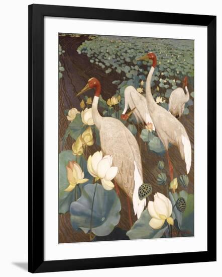 Indian Sarus Cranes on Gold Leaf-Jesse Arms Botke-Framed Art Print