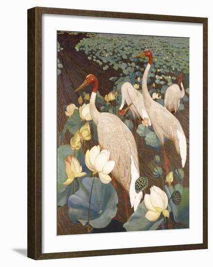 Indian Sarus Cranes on Gold Leaf-Jesse Arms Botke-Framed Art Print