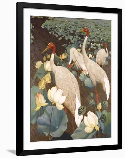 Indian Sarus Cranes on Gold Leaf-Jesse Arms Botke-Framed Art Print