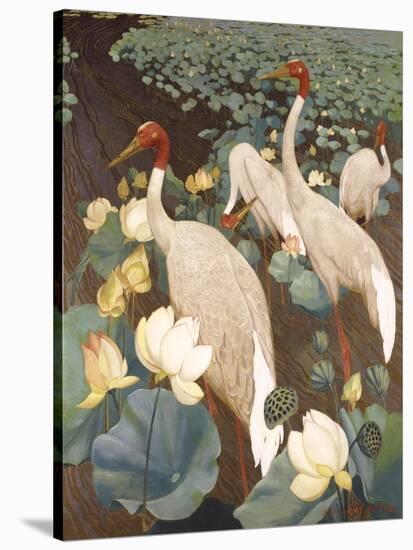 Indian Sarus Cranes on Gold Leaf-Jesse Arms Botke-Stretched Canvas