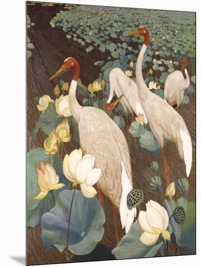 Indian Sarus Cranes on Gold Leaf-Jesse Arms Botke-Mounted Art Print