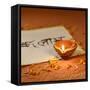 Indian Traditional Lamp Placed on a Book with Sanskrit Calligraphy-satel-Framed Stretched Canvas
