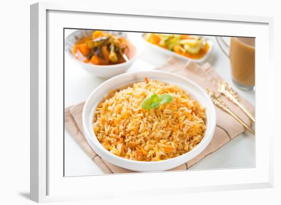 Indian Vegetarian Food. Biryani Rice, Curry Dhal and Milk Tea on Dining Table.-szefei-Framed Photographic Print