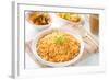 Indian Vegetarian Food. Biryani Rice, Curry Dhal and Milk Tea on Dining Table.-szefei-Framed Photographic Print