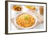 Indian Vegetarian Food. Biryani Rice, Curry Dhal and Milk Tea on Dining Table.-szefei-Framed Photographic Print