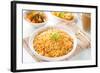 Indian Vegetarian Food. Biryani Rice, Curry Dhal and Milk Tea on Dining Table.-szefei-Framed Photographic Print