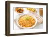 Indian Vegetarian Food. Biryani Rice, Curry Dhal and Milk Tea on Dining Table.-szefei-Framed Photographic Print