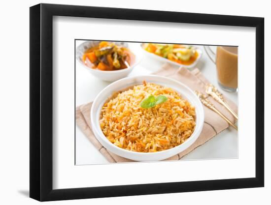 Indian Vegetarian Food. Biryani Rice, Curry Dhal and Milk Tea on Dining Table.-szefei-Framed Photographic Print