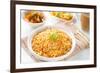 Indian Vegetarian Food. Biryani Rice, Curry Dhal and Milk Tea on Dining Table.-szefei-Framed Photographic Print