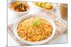 Indian Vegetarian Food. Biryani Rice, Curry Dhal and Milk Tea on Dining Table.-szefei-Mounted Photographic Print