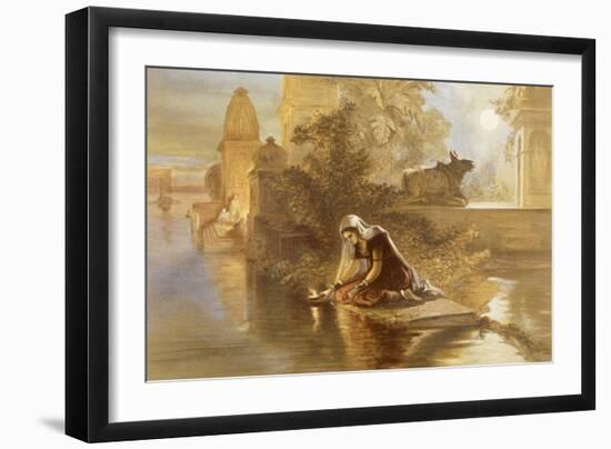 Indian Woman Floating Lamps on the Ganges, from 'India Ancient and Modern', 1867 (Colour Litho)-William 'Crimea' Simpson-Framed Giclee Print