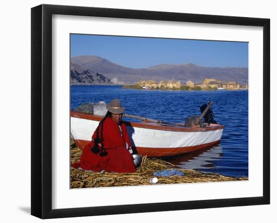 Indian Woman from the Uros or Floating Reed Islands of Lake Titicaca, Washes Her Pans in the Water -John Warburton-lee-Framed Premium Photographic Print