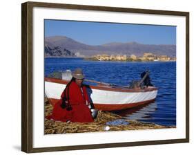 Indian Woman from the Uros or Floating Reed Islands of Lake Titicaca, Washes Her Pans in the Water -John Warburton-lee-Framed Photographic Print