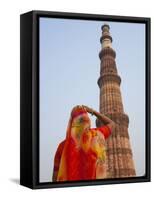 Indian Women at Qutb Minar (UNESCO World Heritage Site), Delhi, India-Keren Su-Framed Stretched Canvas