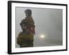 Indian Worker Carries His Daughter in the Morning Fog in the Outskirts of Jammu, India-null-Framed Photographic Print