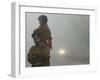 Indian Worker Carries His Daughter in the Morning Fog in the Outskirts of Jammu, India-null-Framed Photographic Print