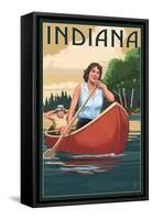 Indiana - Canoers on Lake-Lantern Press-Framed Stretched Canvas