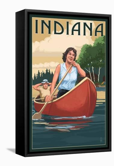 Indiana - Canoers on Lake-Lantern Press-Framed Stretched Canvas