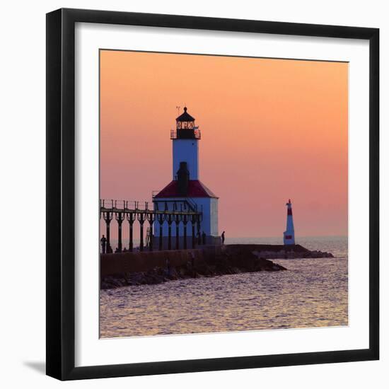 Indiana Dunes lighthouse at sunset, Indiana Dunes, Indiana, USA-Anna Miller-Framed Photographic Print