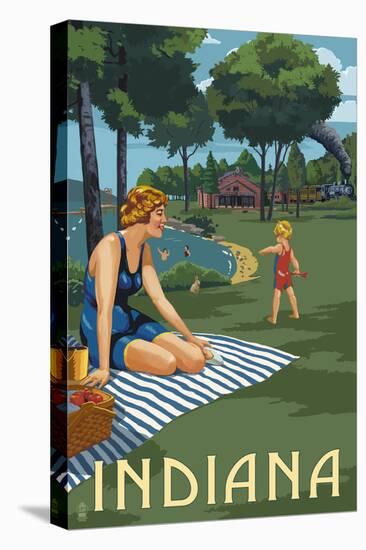 Indiana - Lake and Picnic Scene-Lantern Press-Stretched Canvas